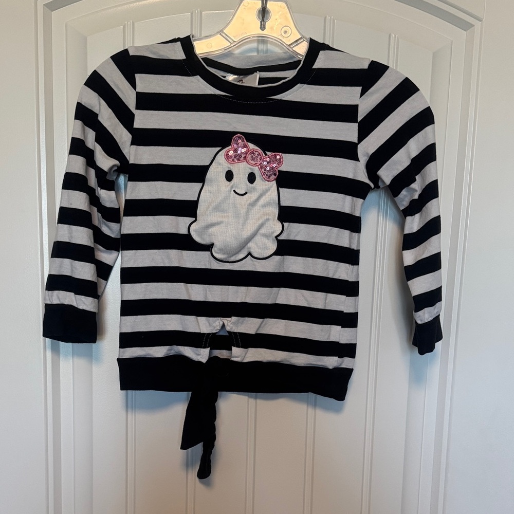 Ruffle Girl Halloween Striped Black and White Kids Shirt with Ghost Design